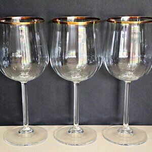 3 Crystal Clear Romy Gold Water Glasses 7.75" optic bowl tarnished gold rim